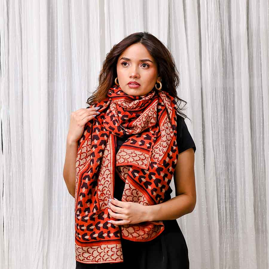 Red Block Print Cotton Silk Scarf – Ruby | Ichcha