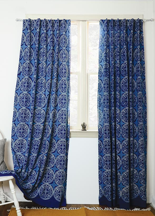 hand block printed curtains in indigo