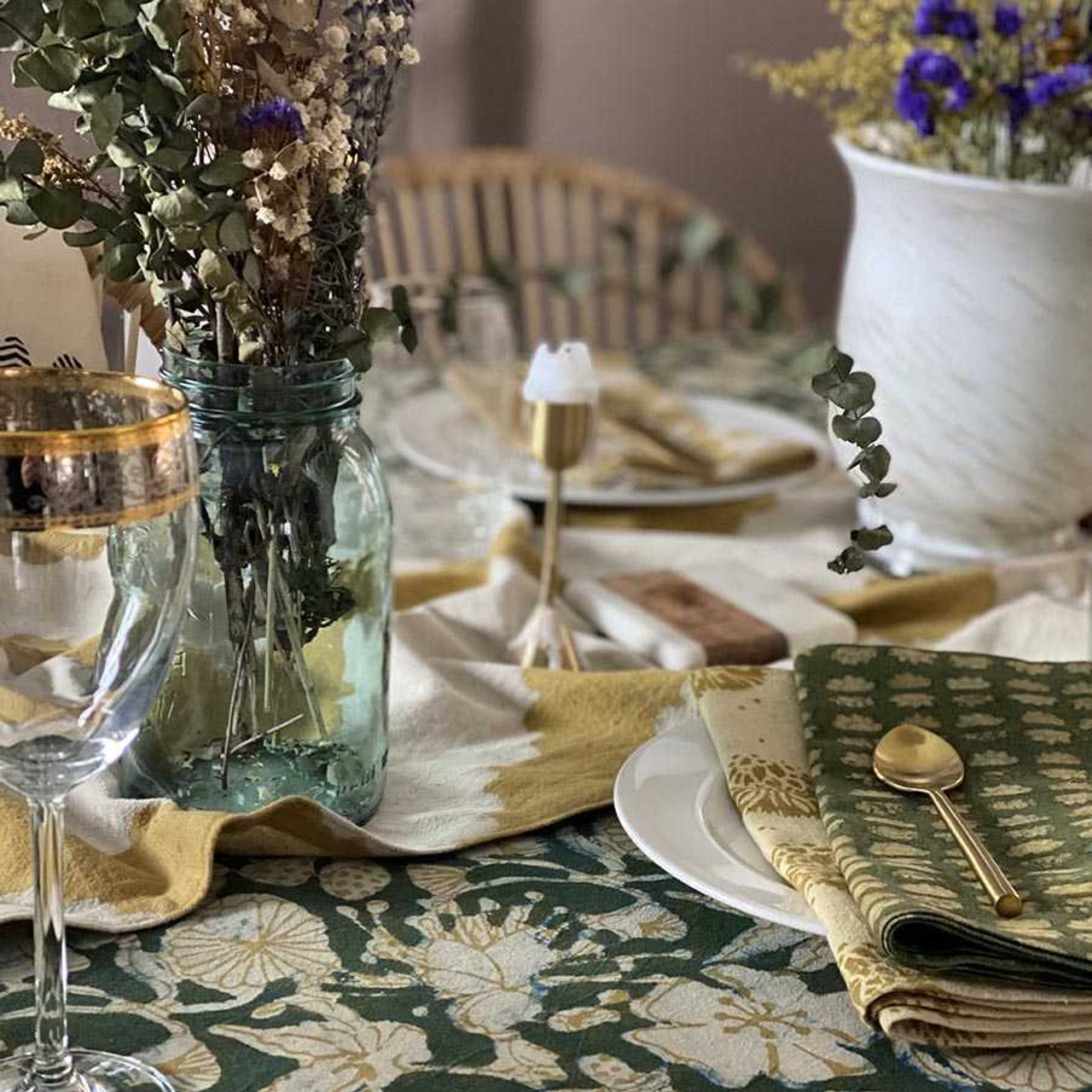 Elegant Sage and Cream Hand Block Print Table Cloth with Matching Napk – Go  Kismet