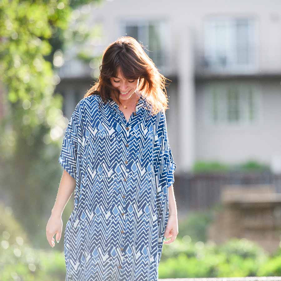 blue block print dress Sail to Sable Tropical Block Print Long Sleeve Tunic Flare Dress Tropical Block Print / L / F25229 main image 1