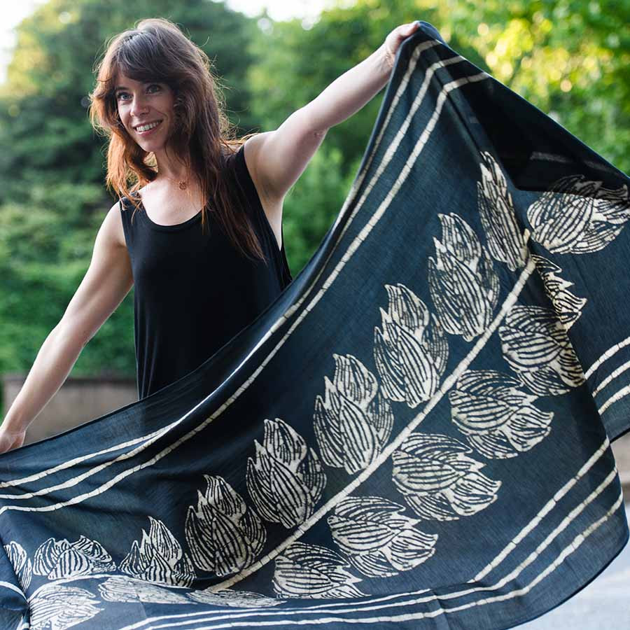 Buy Large Black Leaf Block Print Scarf - Jungle | ichcha display picture 1