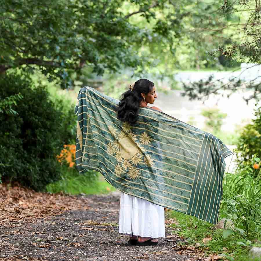 Buy Yellow & Green Block Printed Cotton Silk Scarf | Kiran by ichcha