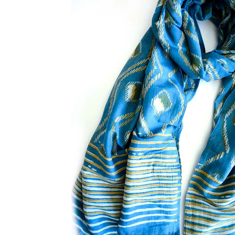 Buy Muted Gold Blue Cotton Silk Unisex Scarf | Bali by ichcha