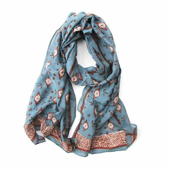 light blue printed scarf: indian scarf, handmade artisan scarves