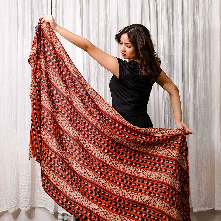 Red Block Print Cotton Silk Scarf – Ruby | Ichcha
