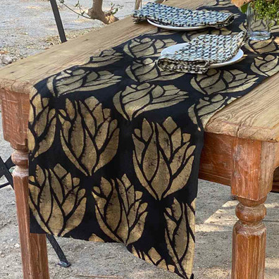 Block Print Cotton Linens Table Runner - Gold Leaf