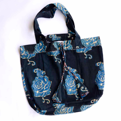 Black Large Organic Cotton Block printed Bag | Roses SAMPLE