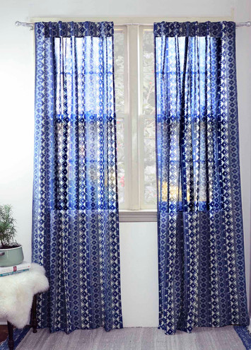 Blue bohemian window curtain panels