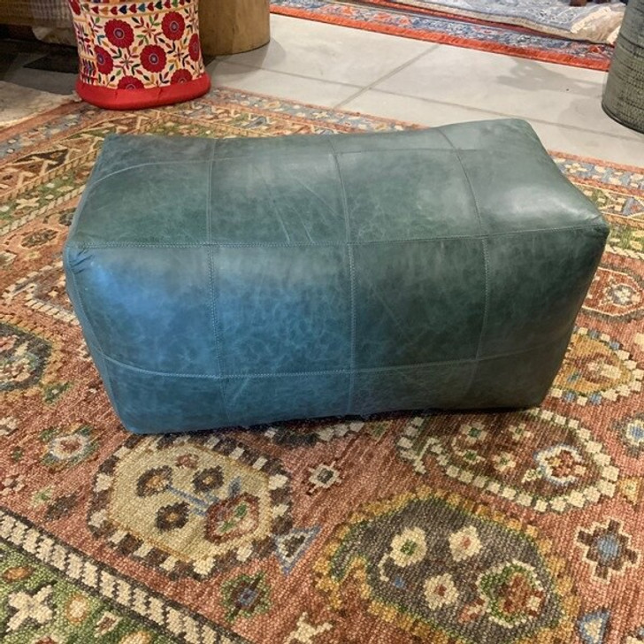 32 inch long rectangular leather upholstered patchwork ottoman in teal green finish
