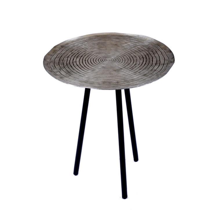16 Inch Metallic Aluminum Handmade Embossed Spiral Groove Round Tripod Side Table