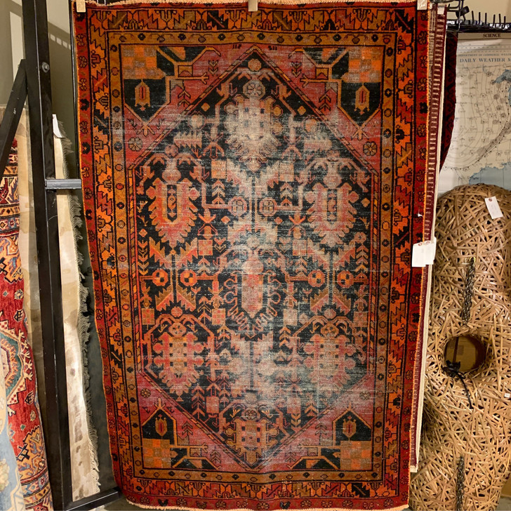 4‘2“ X 6‘3“ vintage orange and black overdyed handknotted Turkish carpet
