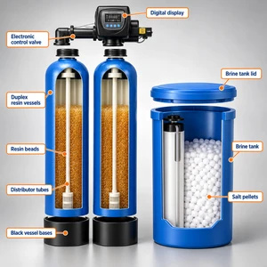 Duplex Metered Commercial Water Softener exploded view