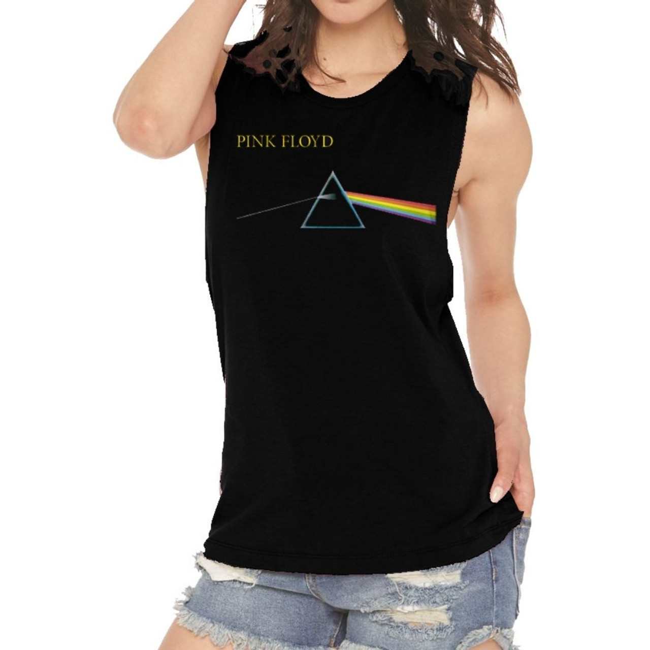 Pink Floyd Women's Sleeveless Fashion T-shirt - The Dark Side of the Moon  Album Cover. Black Muscle Tank Top Shirt