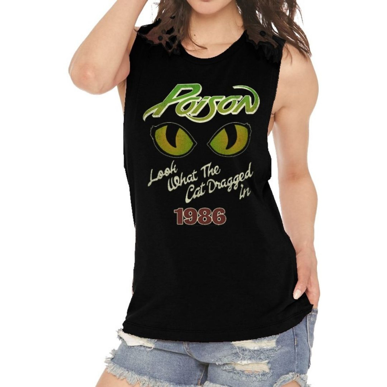 Poison Women's Vintage Sleeveless Fashion T-shirt - Look What the Cat  Dragged In 1986-1987 | Black Muscle Tank Top Shirt