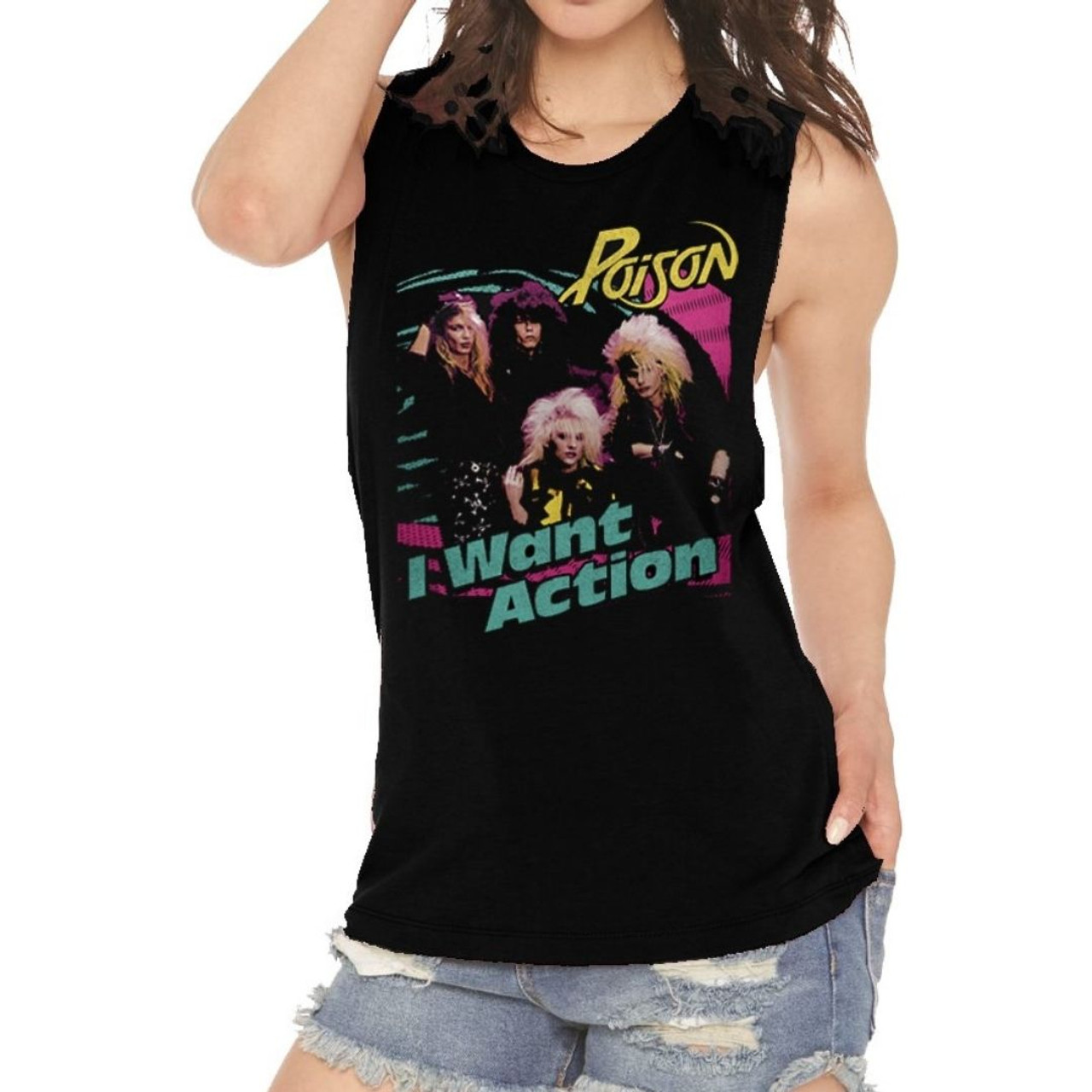 Poison Women's Vintage Fashion Sleeveless T-Shirt - I Want Action Song Single Album Cover Art. Black Muscle Tank Top Shirt