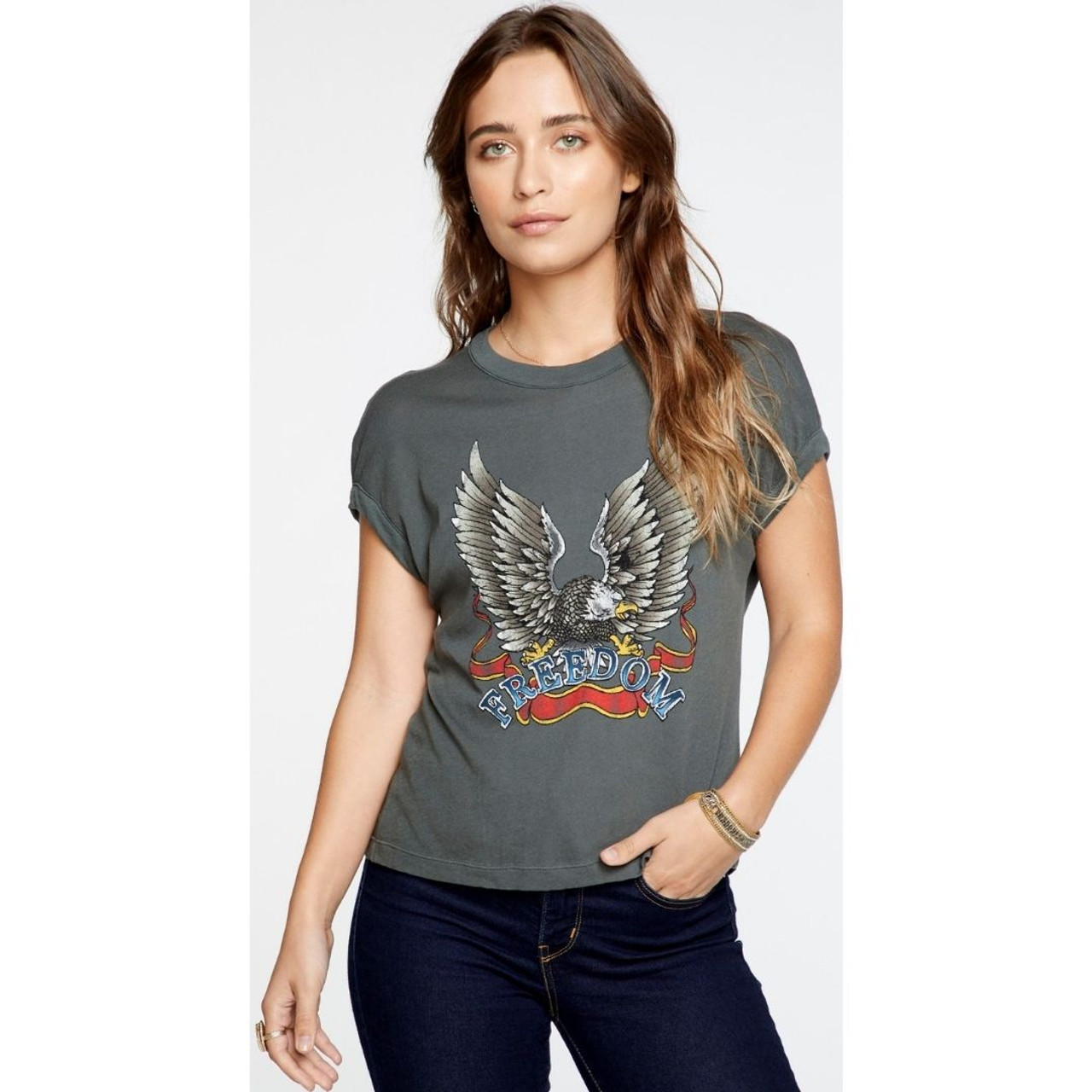 Freedom Bald Eagle Fashion T-shirt by Chaser | Women's Green Rolled Sleeve Shirt - Rags
