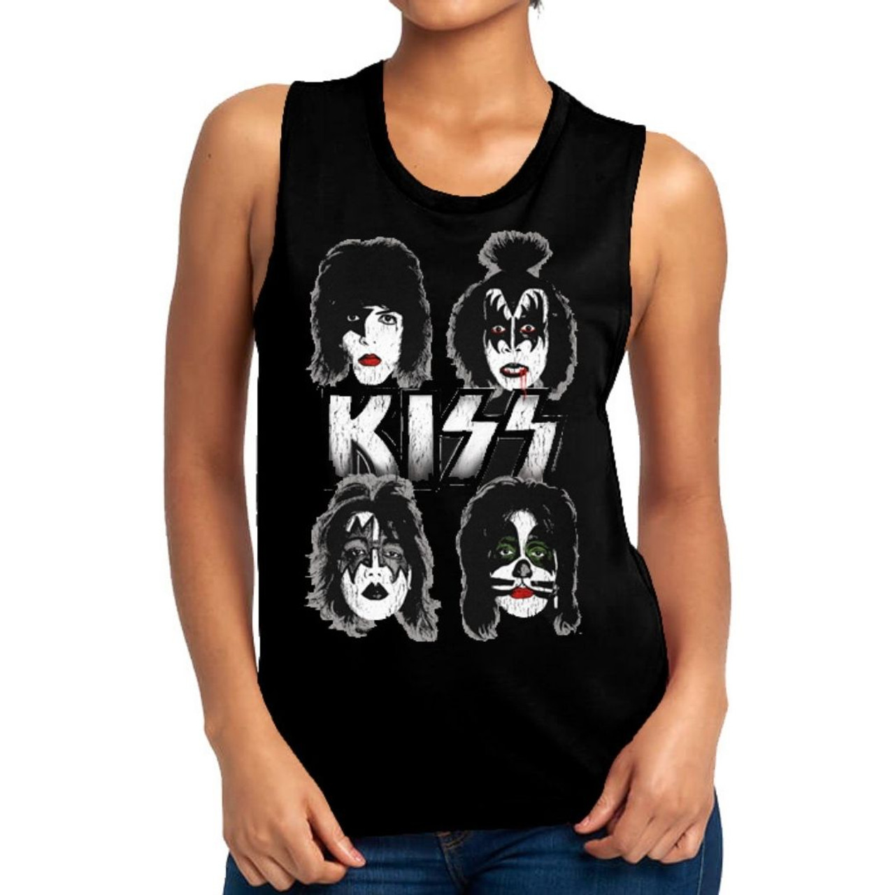 KISS Women's Vintage Fashion Sleeveless T-shirt - Band Member Images. Black Tank Top Shirt - Rocker