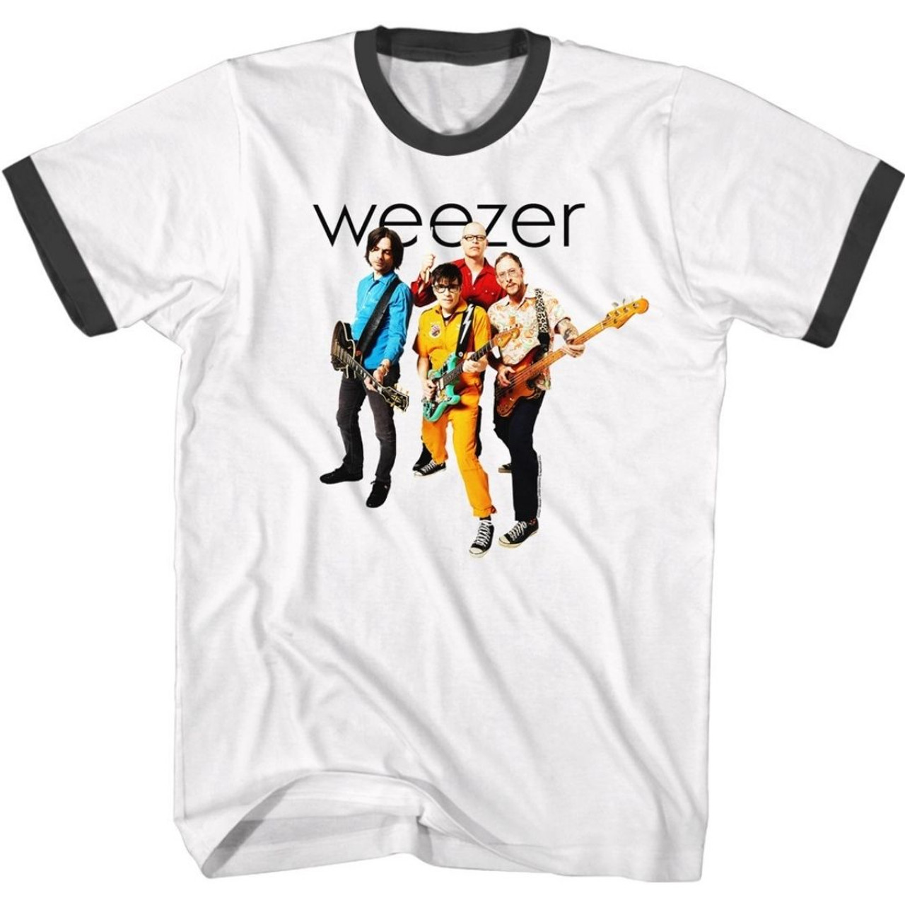 Weezer Ringer T-shirt - Band Photograph with Logo | Men's Unisex White with  Black Fashion Shirt