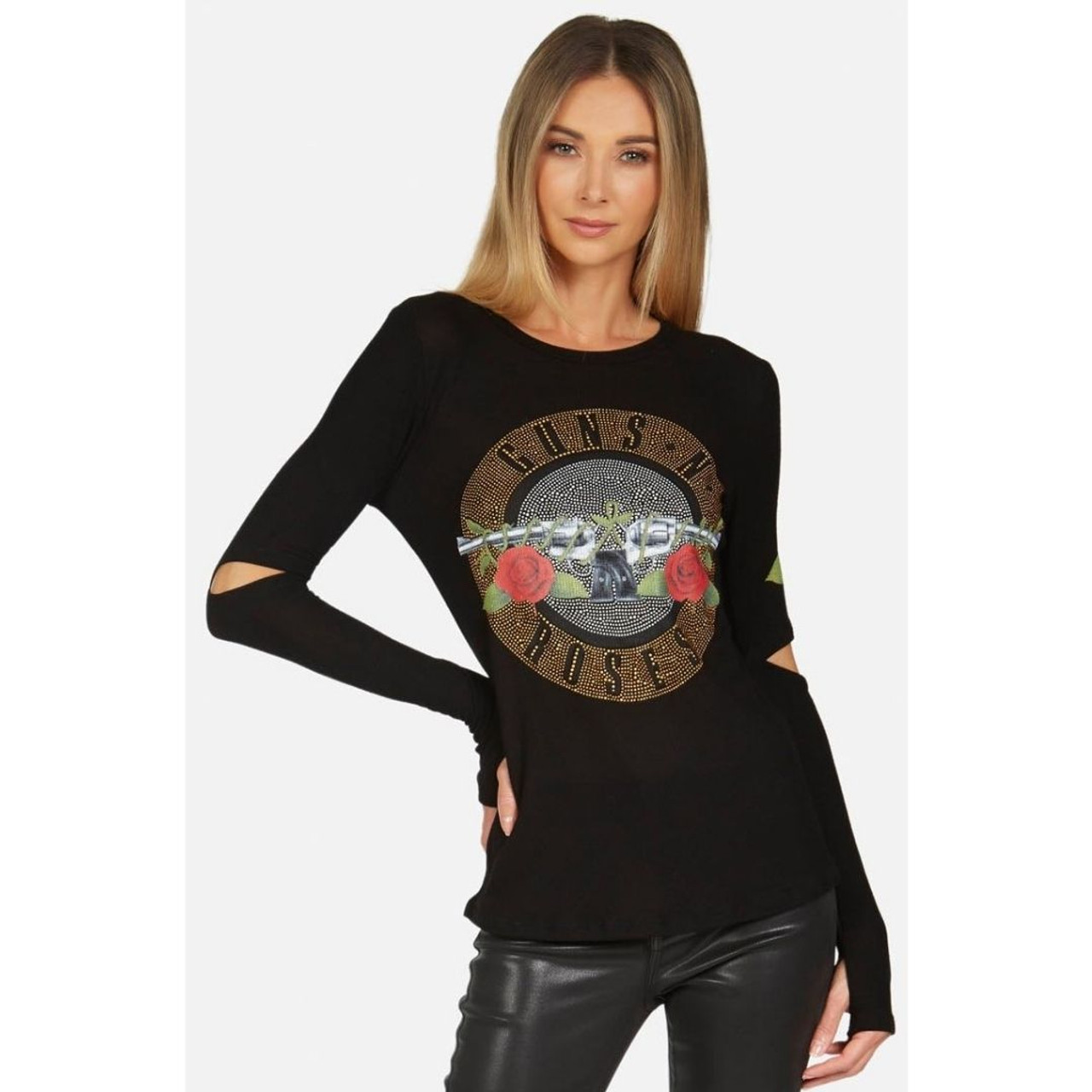 Guns N' Roses T-shirt by Lauren Moshi - Pistols Flowers Studded Logo |  Women's Black Long Slit Sleeve Fashion Shirt