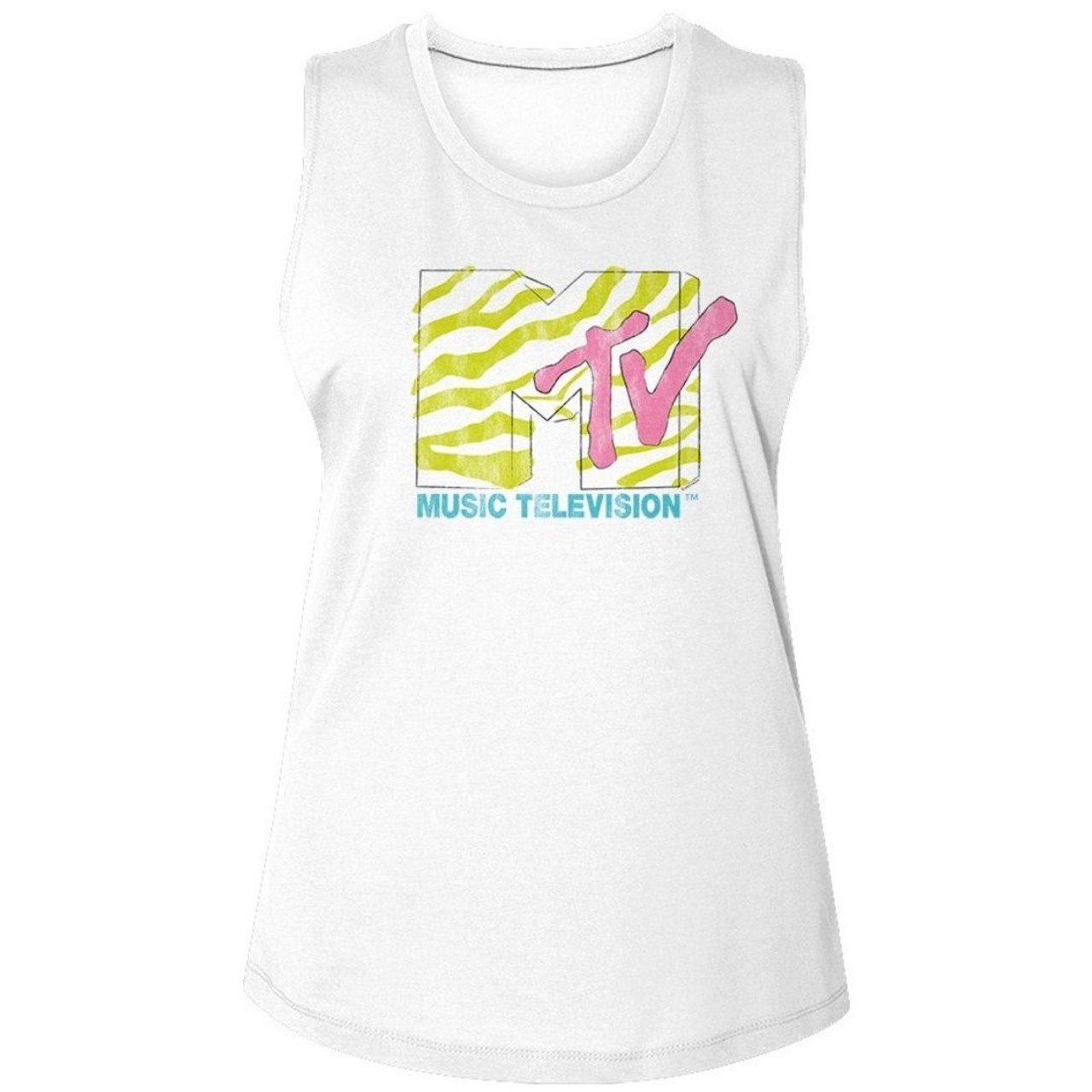 MTV Music Television Neon Zebra Stripe Logo Vintage Sleeveless T-shirt.  Women's White Muscle Tank Top Fashion Shirt