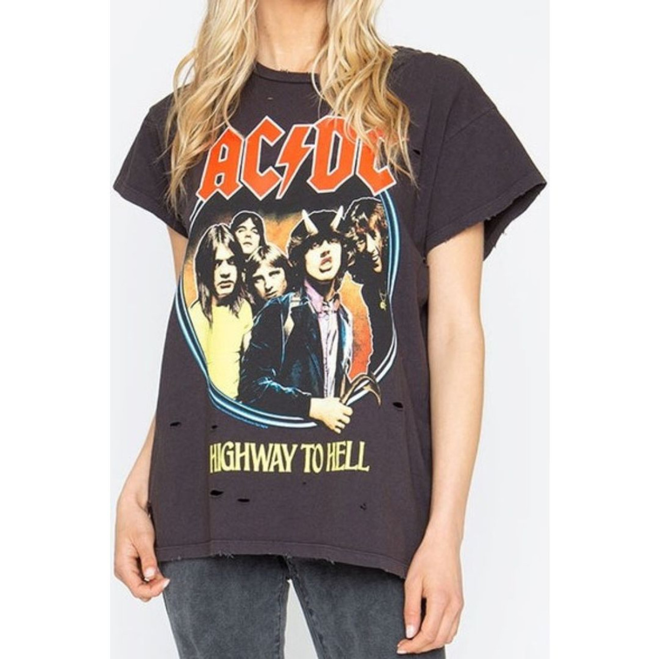 ACDC Highway to Hell Women s Distressed Sandrine Rose Tshirt