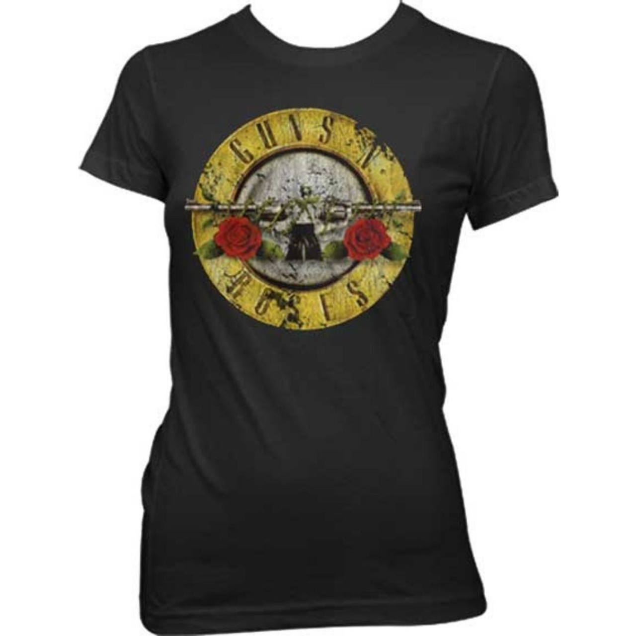 Guns N' Roses Women's T-shirt - Guns N Roses Pistols Flowers Logo | Black  Vintage Fashion Shirt