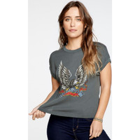 Freedom Bald Eagle Image Women's Rolled Sleeve Safari Green Fashion T-shirt by Chaser - left