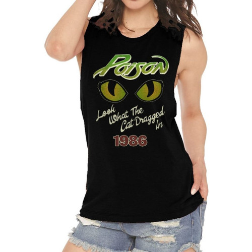 Poison Look What the Cat Dragged In 1986 Women's Black Vintage Sleeveless Muscle Tank Top Fashion T-shirt - model