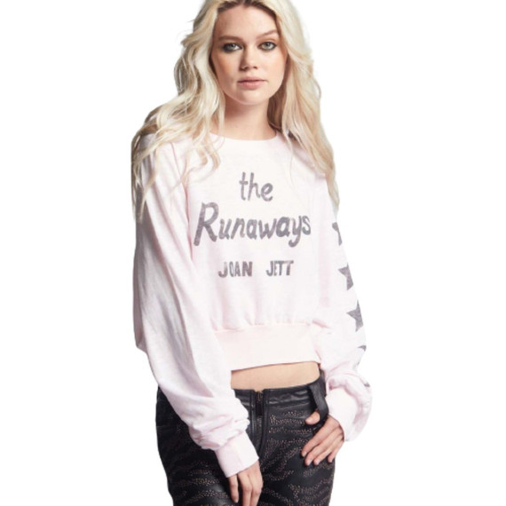 Joan Jett The Runaways Logo Women's Pink Vintage Fashion Cropped Sweatshirt by Recycled Karma - right