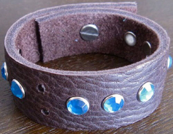 Rocker Rags Chocolate Brown Leather Bracelet with Grouped Blue Crystals