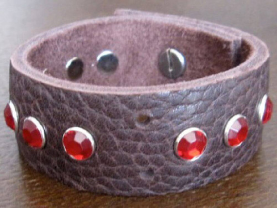 Rocker Rags Chocolate Brown Glove Leather Bracelet with Grouped Red Crystals