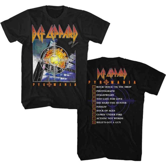 Def Leppard Pyromania Album Cover Artwork with Song Titles Men's Unisex Black Fashion T-shirt