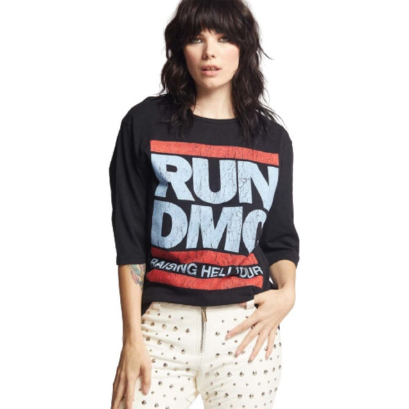 Run-DMC Raising Hell Tour Women's Black Vintage Fashion 3/4 Sleeve Oversize Concert T-shirt by Recycled Karma - front 2