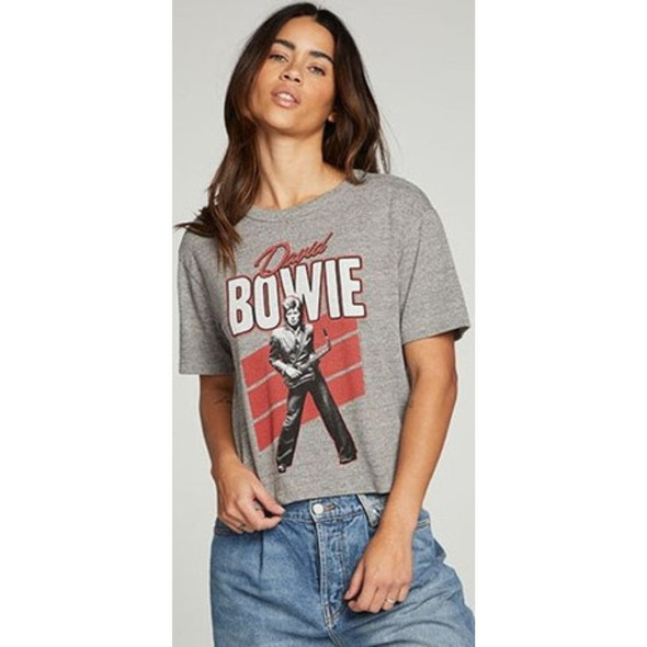 David Bowie Ziggy Stardust Saxophone Photograph Women's Gray Crop Top Fashion T-shirt by Chaser - front 1