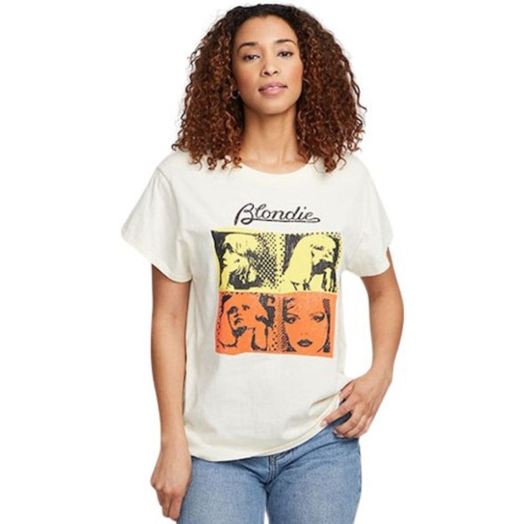 Blondie Logo with Debbie Harry Poster Style Images Women's White Fashion T-shirt by Chaser Brand - front