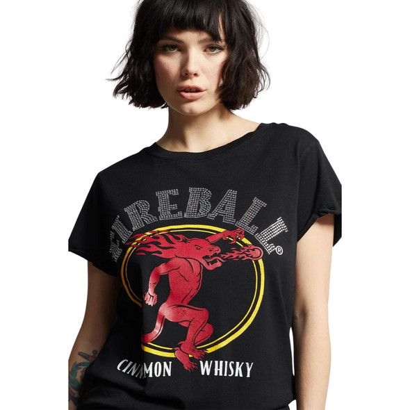 Fireball Cinnamon Whiskey Crystal Rhinestone Logo Women's Black Fashion T-shirt by Recycled Karma - front close up