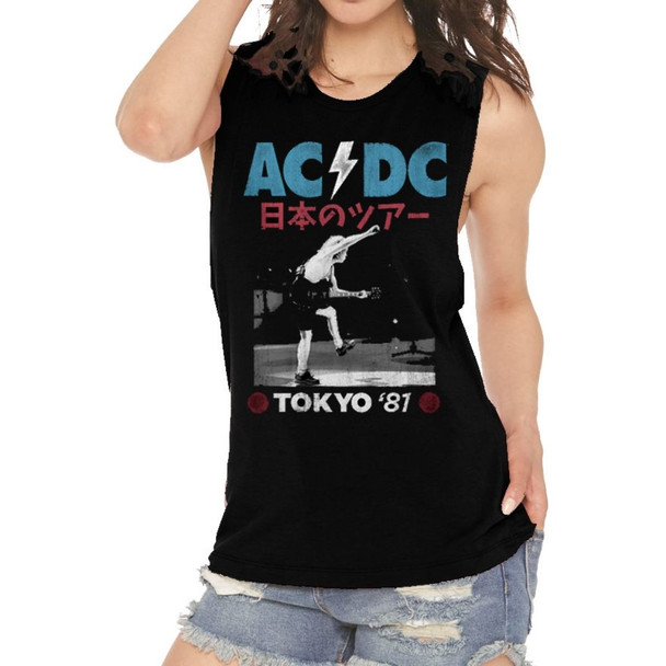 AC/DC Women's Vintage Black Sleeveless Muscle Fashion Concert T-shirt - on model