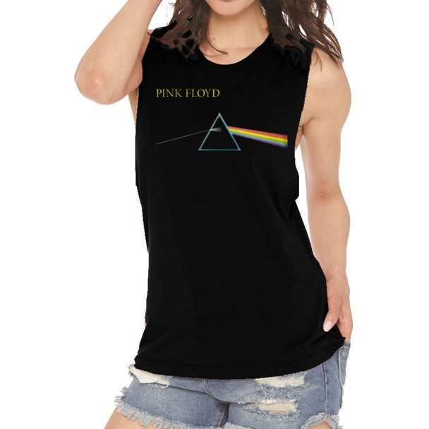 Pink Floyd Dark Side of the Moon Women's Black Sleeveless Muscle Tank Top Vintage Fashion T-shirt - on model