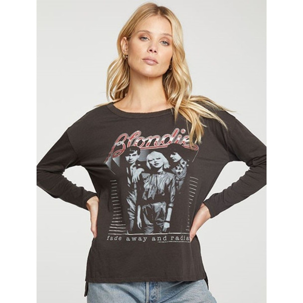 Blondie Band Photograph with Fade Away and Radiate Song Title Women's Black Vintage Fashion Long Sleeve T-shirt by Chaser Brand - front 2