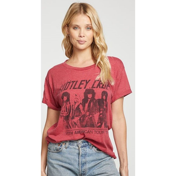 Motley Crue North American Tour 1984 Women's Red Vintage Fashion Concert T-shirt by Chaser Brand - front 3