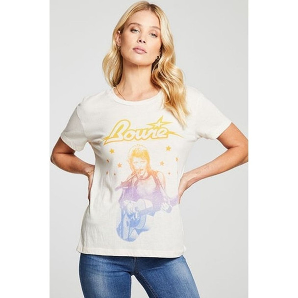 David Bowie Image with Stars Women's White Vintage Fashion T-shirt by Chaser Brand - front 2