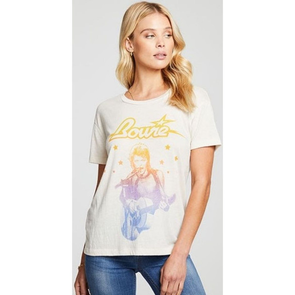 David Bowie Image with Stars Women's White Vintage Fashion T-shirt by Chaser - side