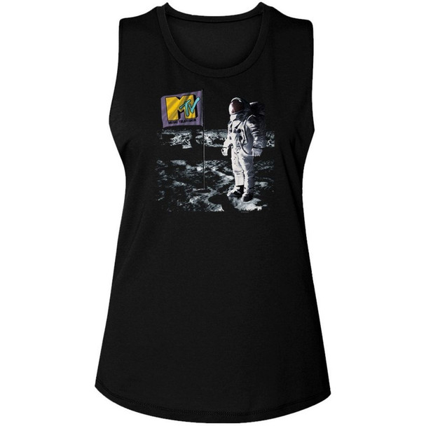 MTV Music Television Astronaut with Logo Flag Photograph Women's Black Sleeveless Muscle Tank Top Fashion T-shirt