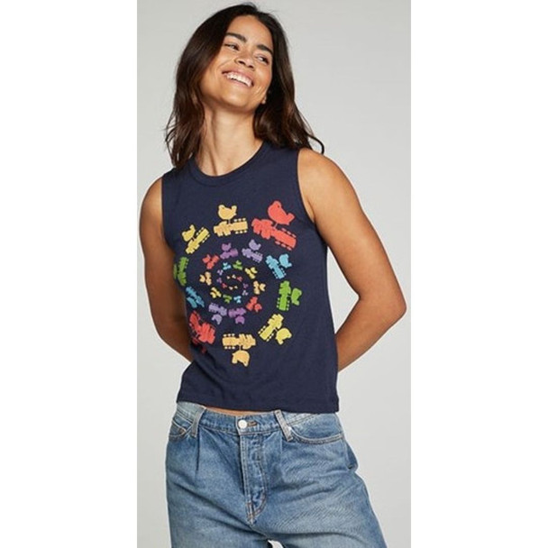 Woodstock Logo 3 Days of Peace Love and Music Slogan Women's Blue Sleeveless Muscle Tank Top Fashion T-shirt by Chaser - side 2