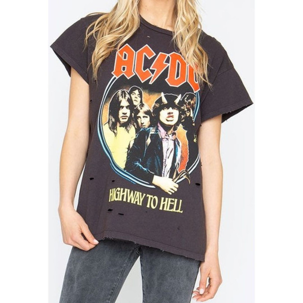 AC/DC ACDC Highway to Hell Album Cover Artwork Women's Black Vintage Fashion Distressed T-shirt by Sandrine Rose - front 1