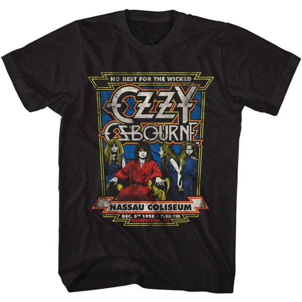 Ozzy Osbourne December 5, 1988 Nassau Coliseum Concert No Rest for the Wicked Tour Promotional Poster Artwork Men's Unisex Black Vintage Fashion T-shirt