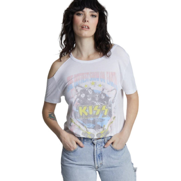 KISS The Hottest Show on Earth Women's White Vintage Cold Shoulder Fashion Concert T-shirt by Recycled Karma - front