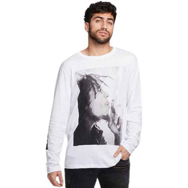 Bob Marley Smoking Classic Black and White Photograph Men's White Long Sleeve Fashion T-shirt by Chaser Brand - front