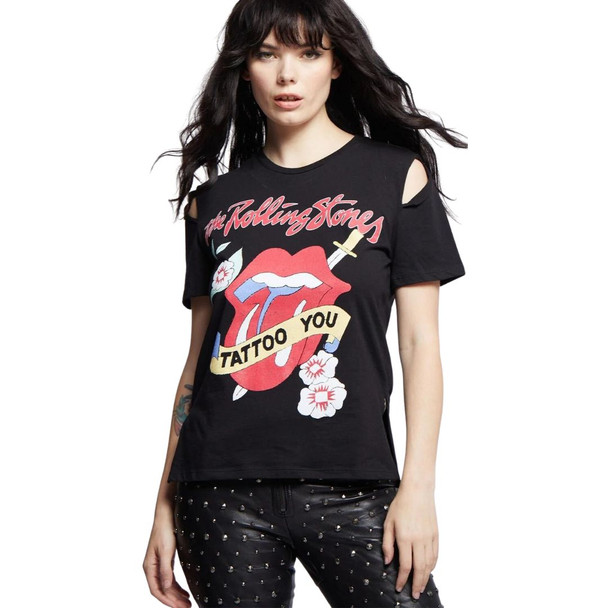 The Rolling Stones Tattoo You 40th Anniversary Album Artwork Women's Black Slit Sleeve Fashion T-shirt by Recycled Karma - front