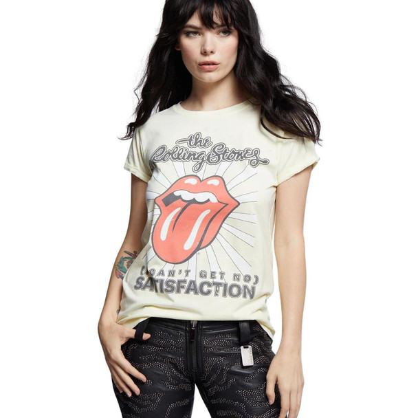 The Rolling Stones Tongue Lips Logo (I Can't Get No) Satisfaction Song Title Women's Yellow Vintage Fashion T-shirt by Recycled Karma - left